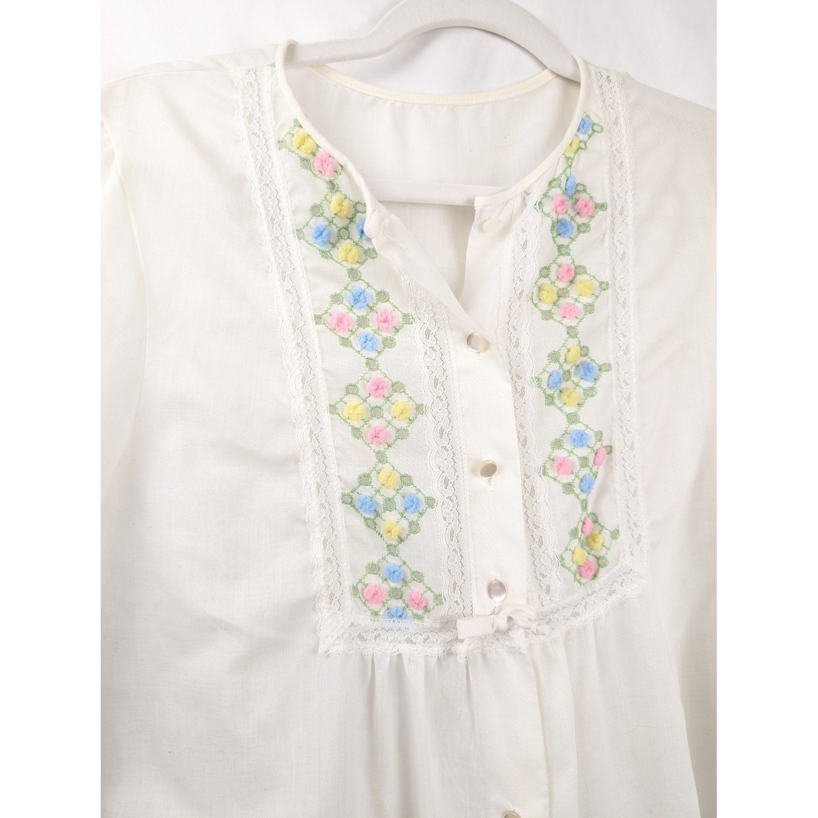 Vtg Floral Embroidered Lace Button Shift Dress Size M White Prairie Cottagecore