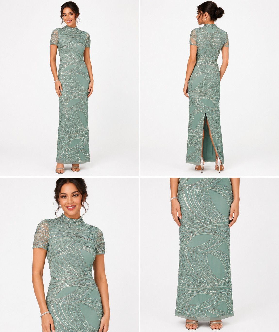 NWT Aidan Mattox Beaded Mesh Short Sleeve Column Gown Sage Green Women’s 12