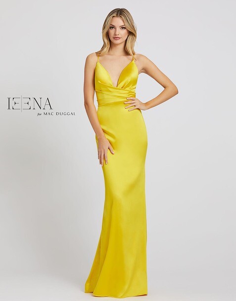 IEENA MAC DUGGAL 26264i Canary Yellow Satin V-Neck Ruched Maxi Gown w/ Train 8 M