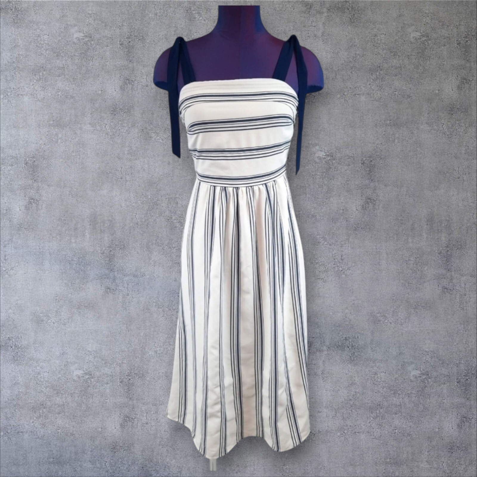 She + Sky White & Navy Striped Square Neck Midi Dress Size Small Women’s M40
