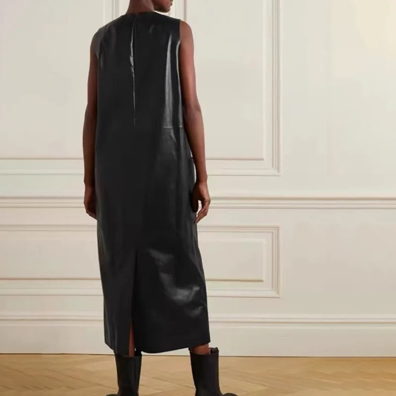 Evening Leather Dresses Spring Autumn Sleeveless Straight Vestido Length Gowns