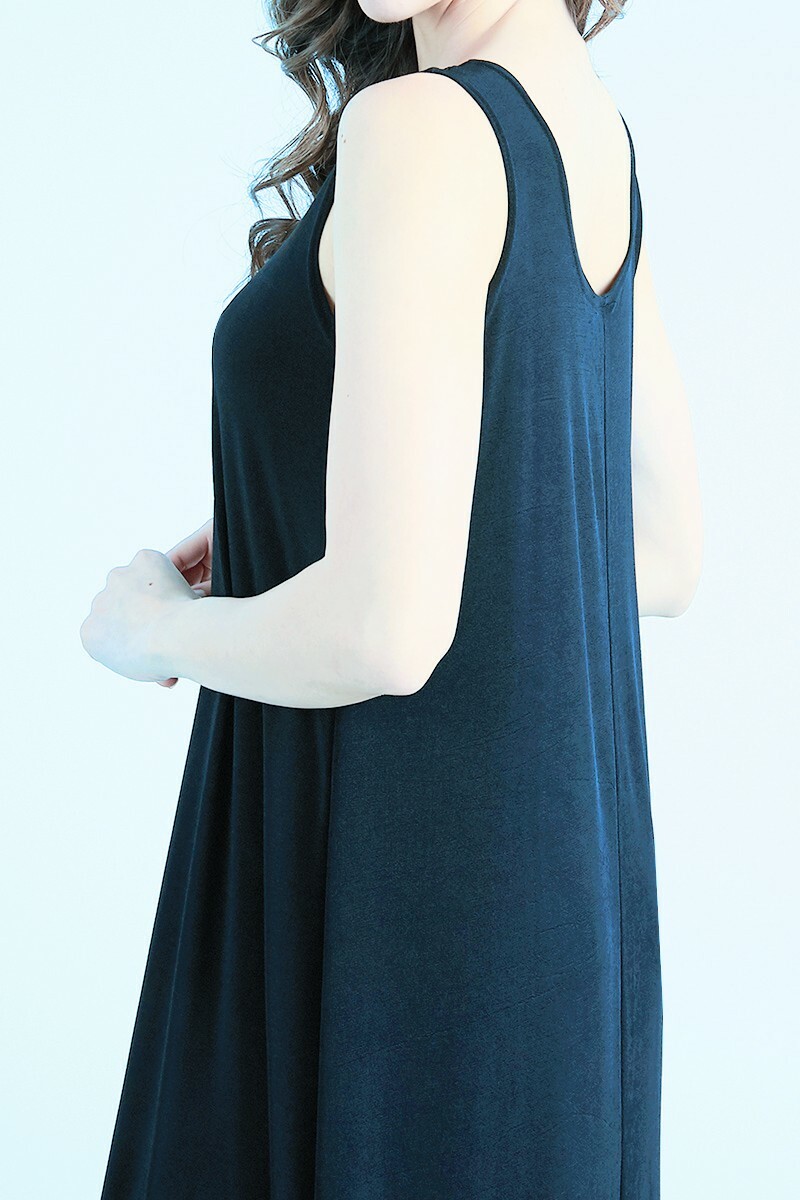 Solid Navy Blue Long Sleeveless A line Dress No Wrinkle Travel Fabric Jostar