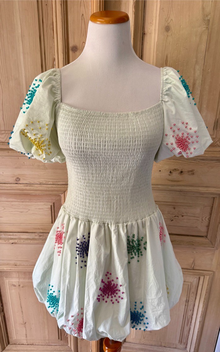 QOS Queen of Sparkles Mint Smocked Rainbow Beaded Burst Bubble Dress Medium M