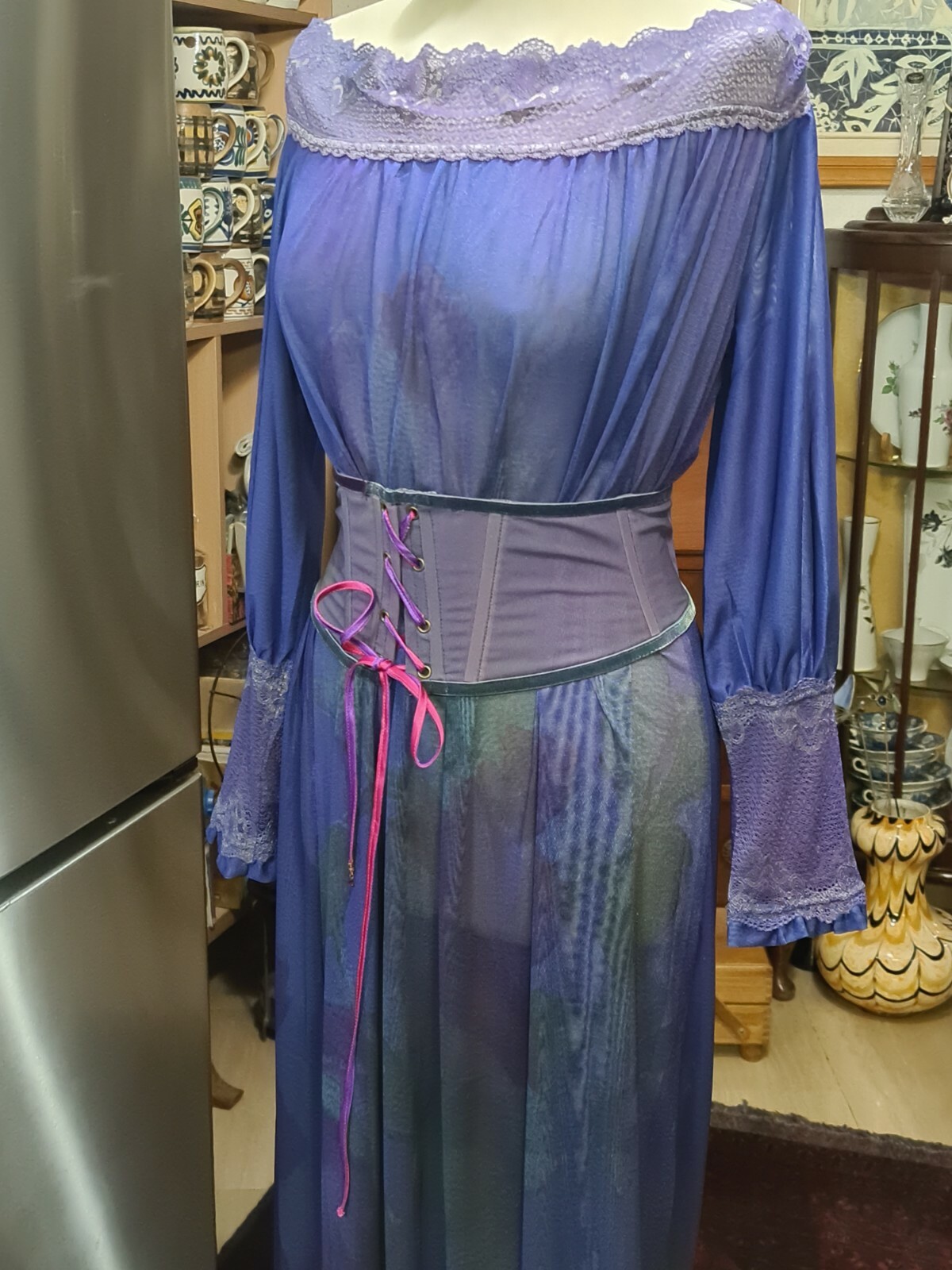 Michal Negrin Great Sheer full length Wide Purple Dress w Lace & Belt NWT