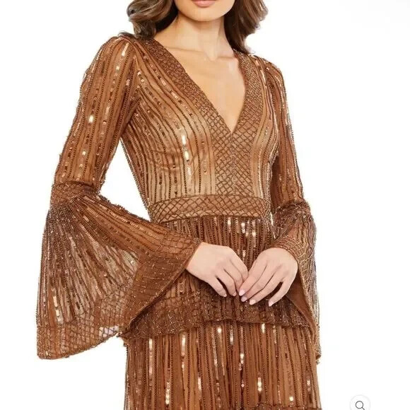Mac Duggal Copper Sequin Stripe Long Bell Sleeve Tiered Ruffle Gown Size 20 $698