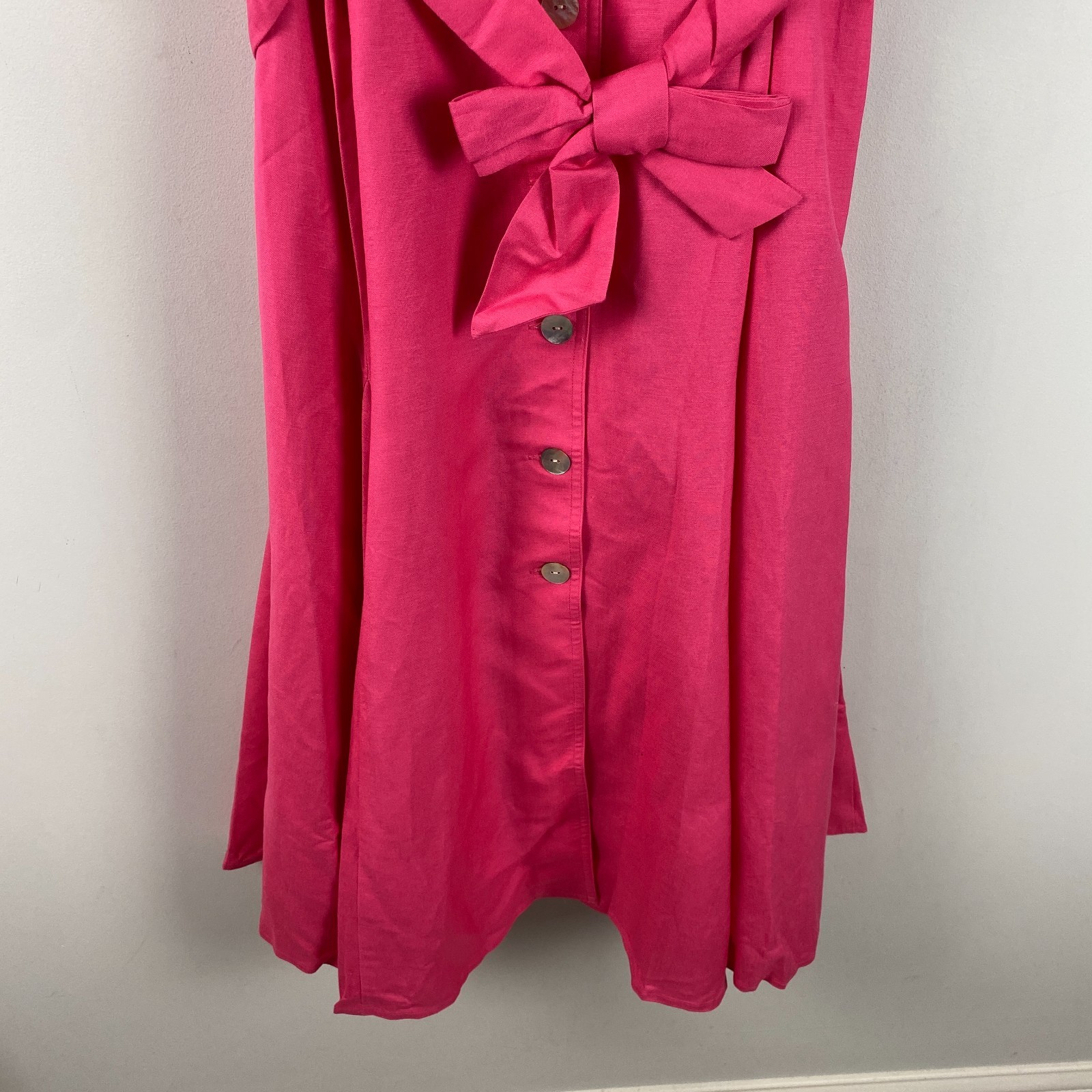 Coldwater Creek Linen Blend Button Front Midi Dress Size 16 Pink Tie Waist