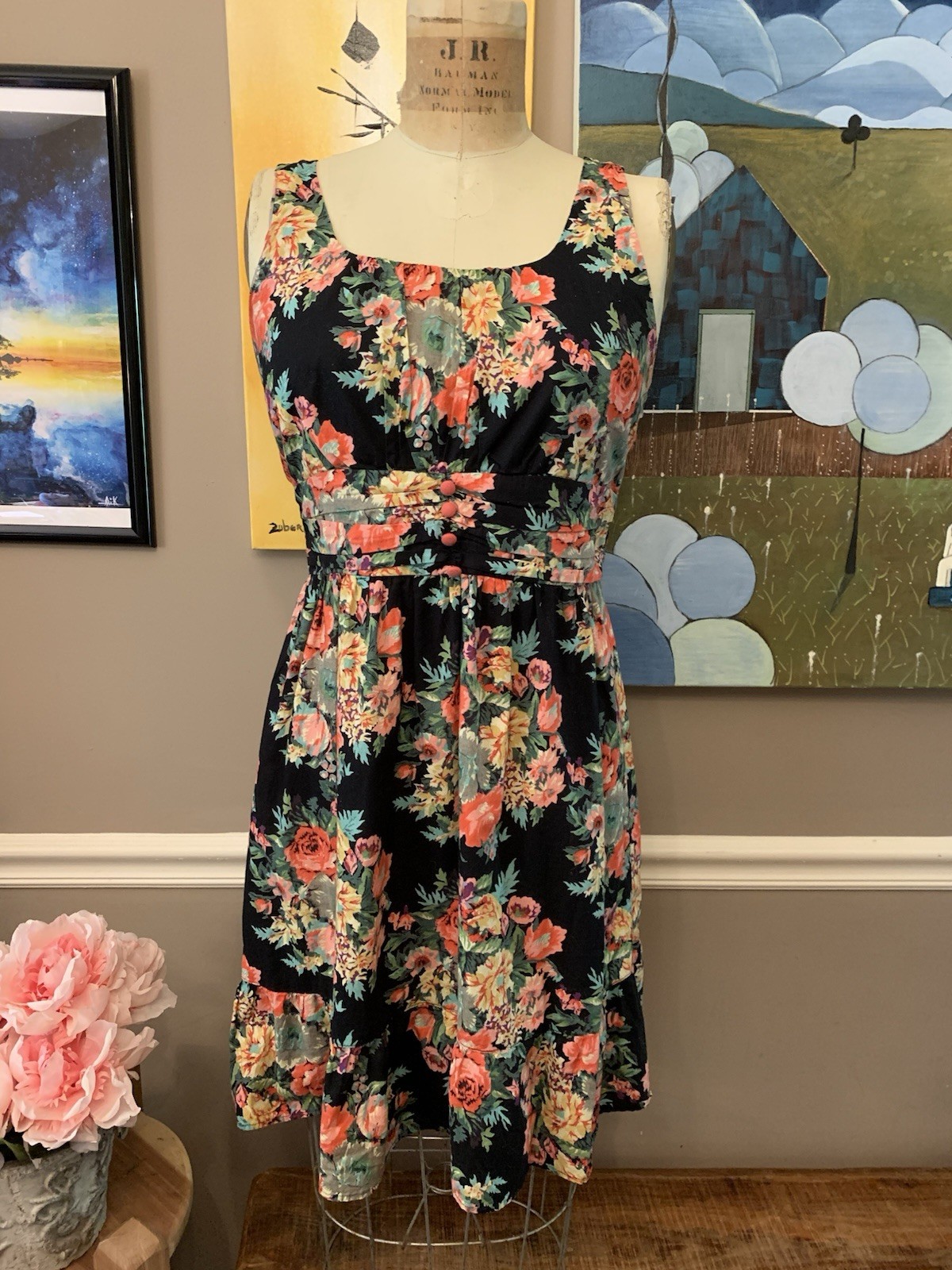 Angie Cotton Black Multi Floral Ruffled Midi Summer Dress L Boho