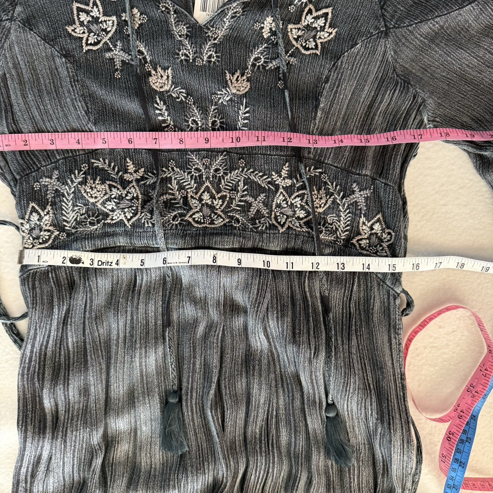 Sweet Magnolia Embellished Boho Prairie Beaded Maxi Dress Size Large Gray Teal