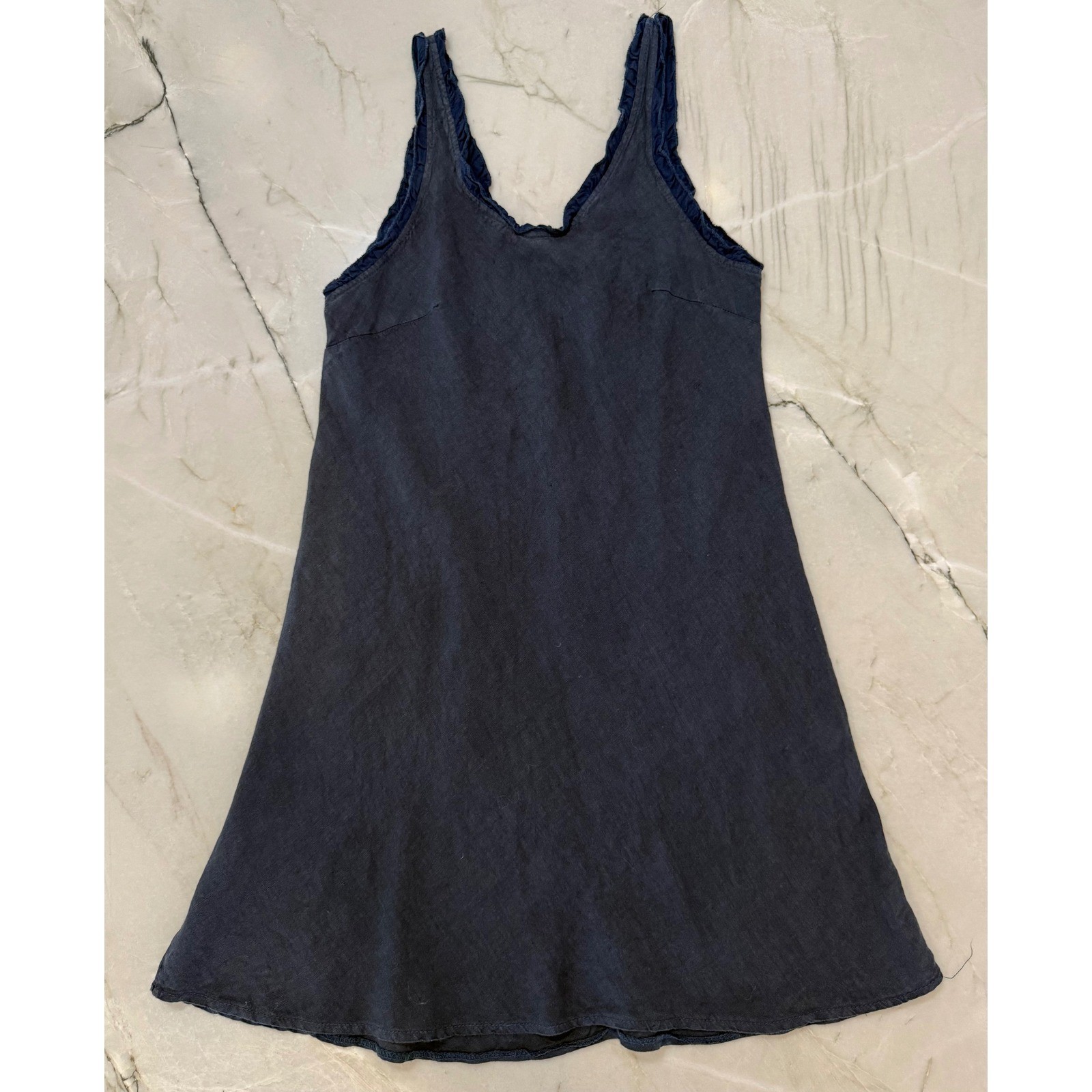 Meo Meli Italy Navy 100% Linen Ruffle Trim V-Neck A-Line Midi Dress One Size
