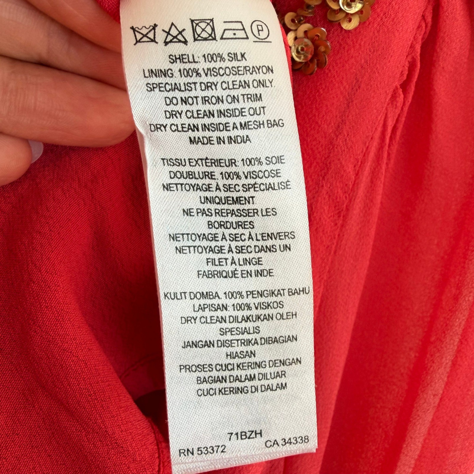 French Connection Shift Dress Silk-Georgette Sequined Coral V-Nick US10 UK14
