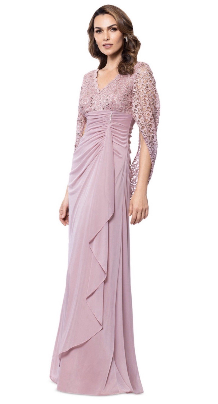 Betsy & Adam Women’s Draped Lace Chiffon Gown – Rose, Size-16