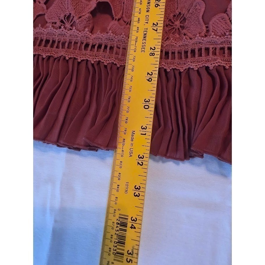 Designer Rust Floral Lace NO BELT NWT Pleated Ruffle Mini Dress Square Neck