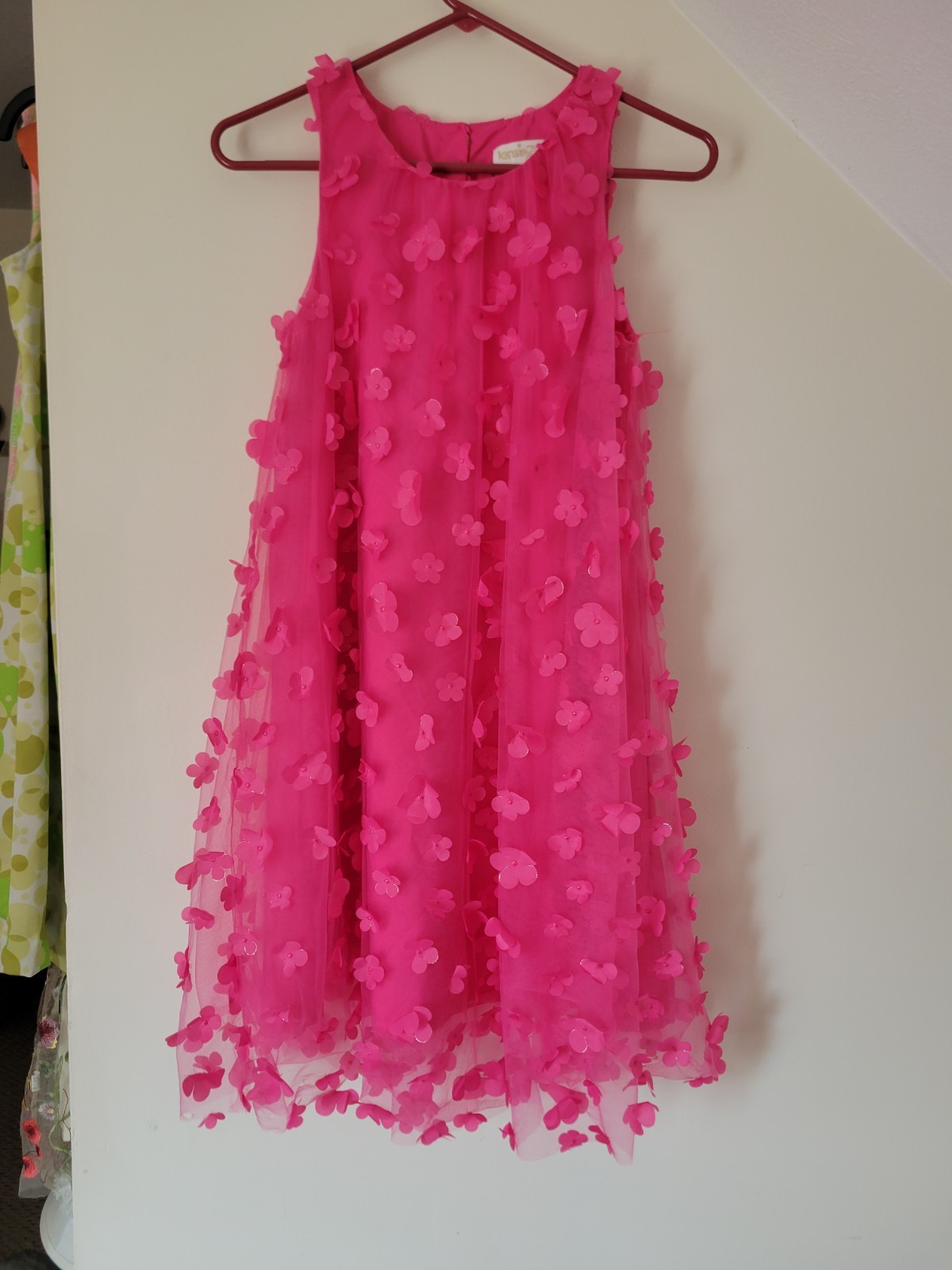 Kensie Girl Hot Pink Tulle Shift W/ Silver Lined Flowers Sewn On All Over…