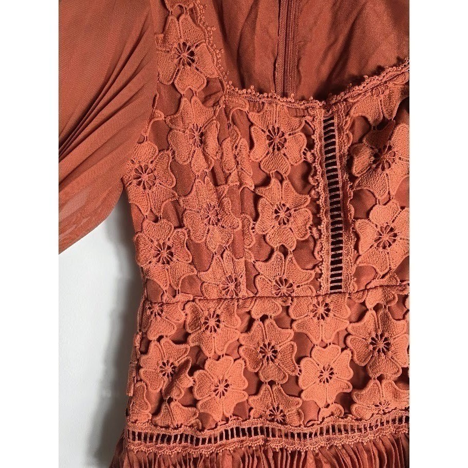 Designer Rust Floral Lace NO BELT NWT Pleated Ruffle Mini Dress Square Neck