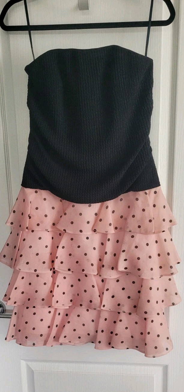 Vintage 80’s A.J. Bari Silk Strapless Party Dress Black/Pink Polka Dot Size 6