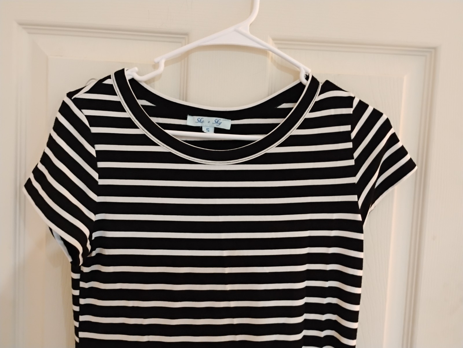 SHE + SKY Black White Striped T-Shirt Dress Size S Short Sleeve Maxi Knit Casual