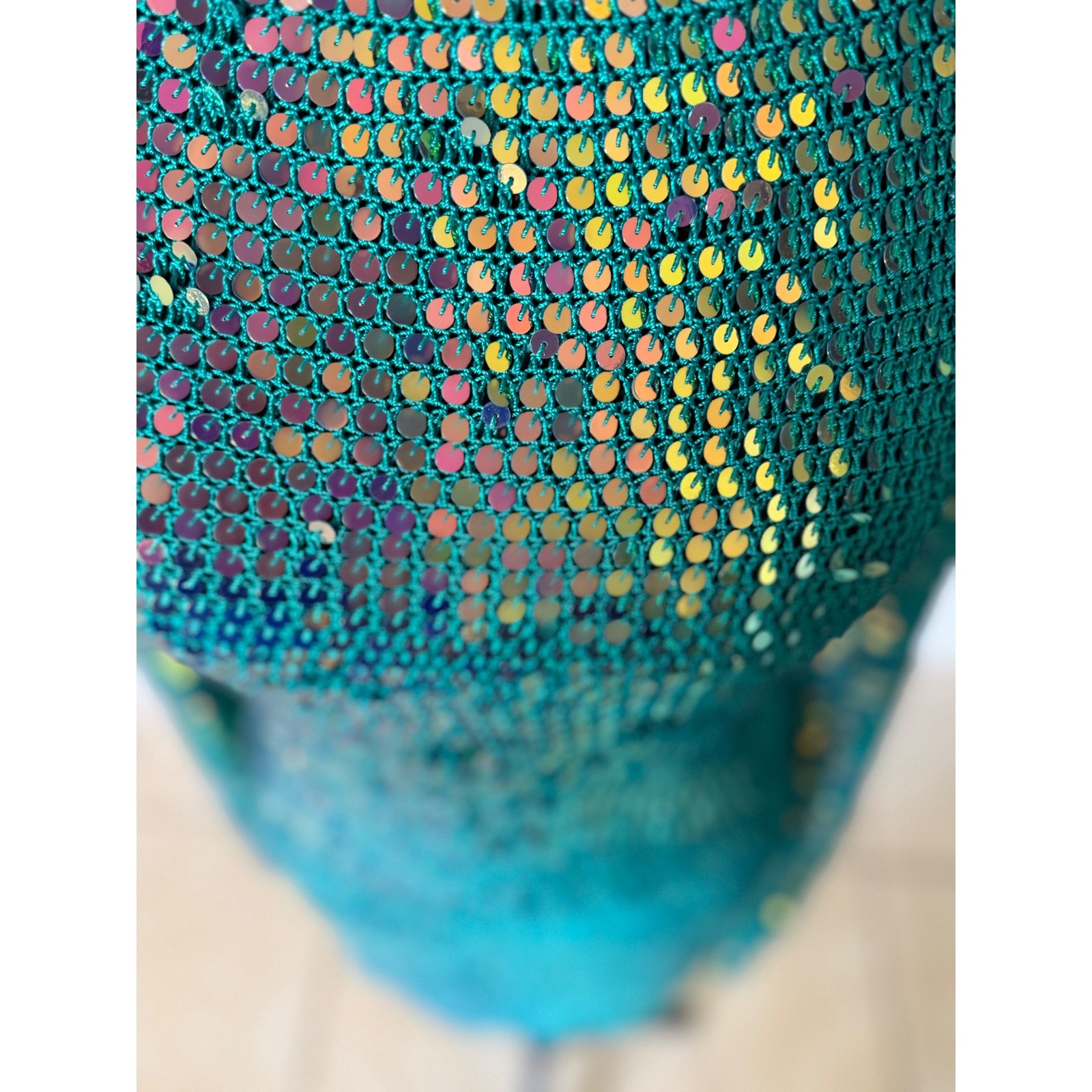 Retrofête Teal Sequin Crochet Mini Dress Open Back Iridescent Green M/L
