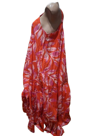 PEACOCKS Terracotta Pink Floral Cotton Maxi Dress Size 18 Boho Tiered Summer