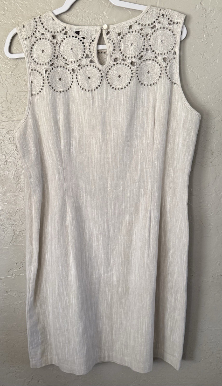 DANA BUCHMAN Cream Linen Blend Crochet Sleeveless Shift Dress Boho Coastal Sz 16