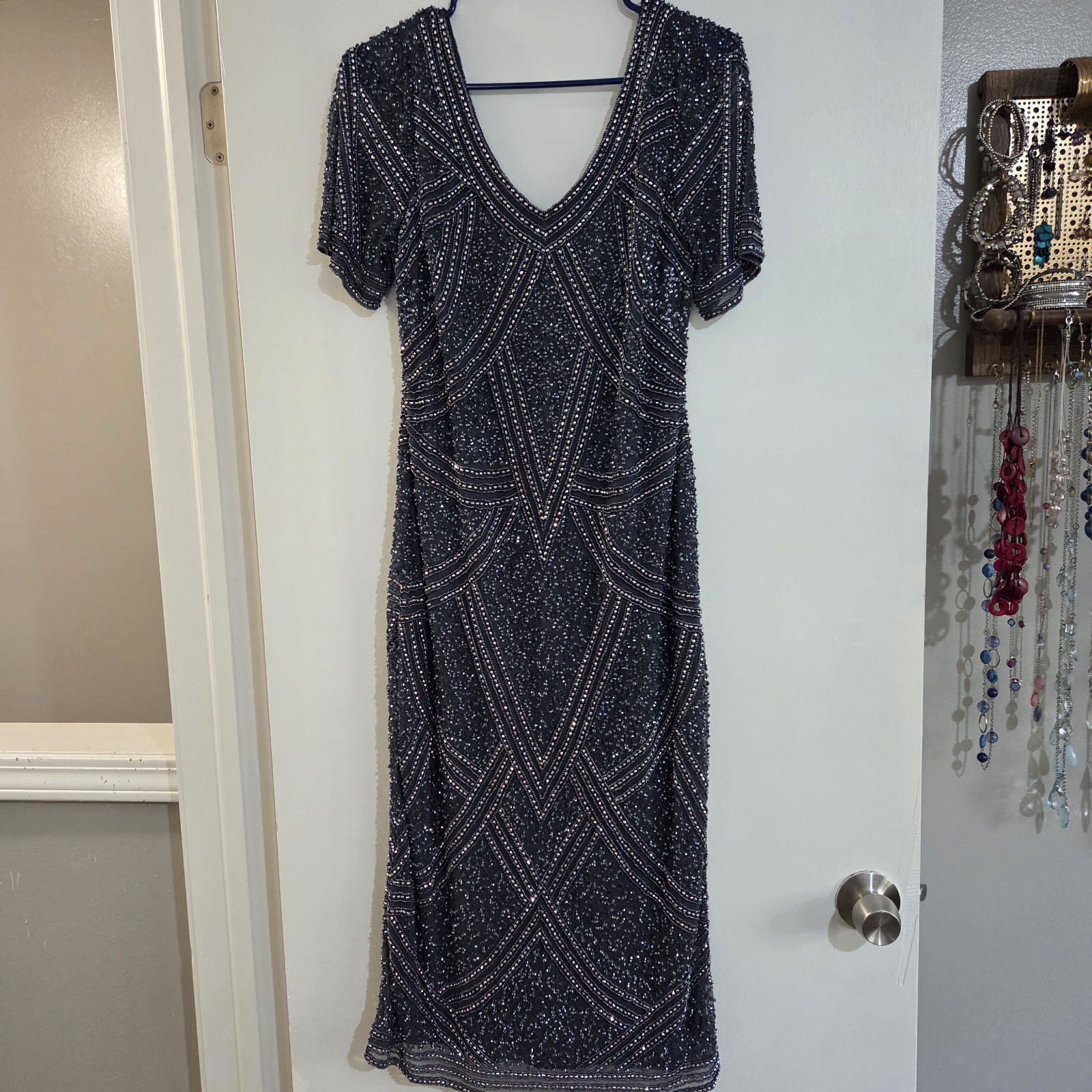 Pisarro Nights Size 8 Beaded Short Sleeve Midi Dress Slate Blue NWOT