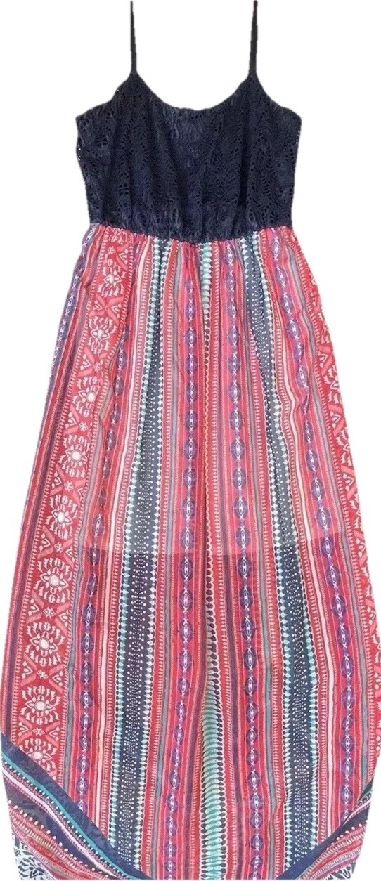 AUW Dress Women’s Size Small Blue Lace Maxi Boho Aztec Sheer Coastal Cowgirl