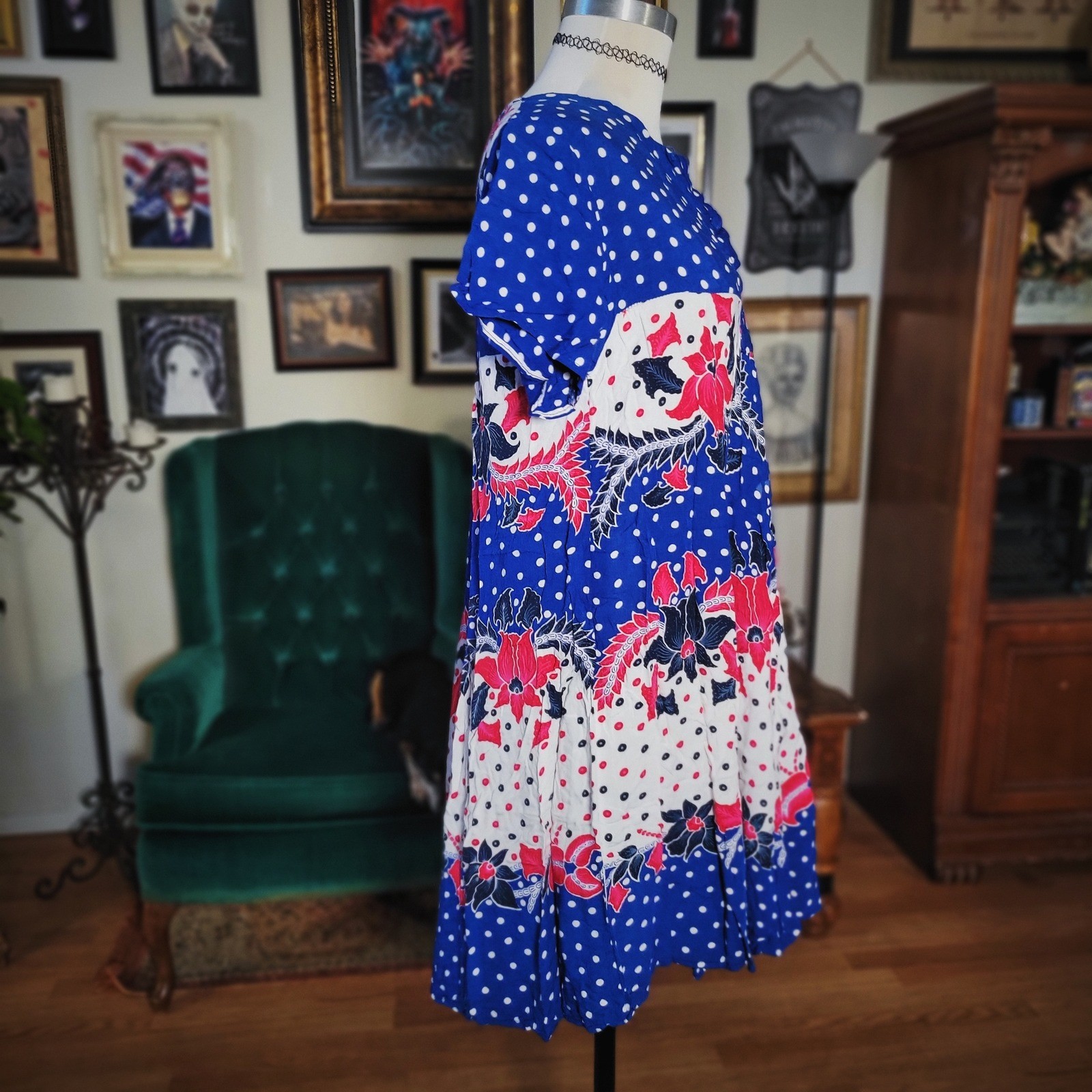 Vintage 80s Aladdin Batik Blue Floral Blue Polka Dot Midi Dress Women