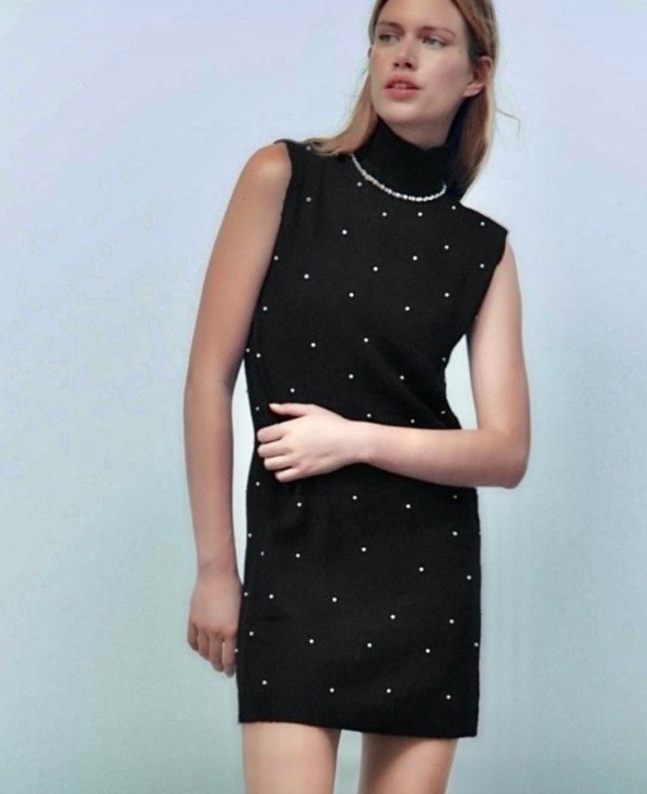 ZARA Pearl Rhinestone Mock Neck Posh Glam Classy Bling Y2K Knit Dress Black L