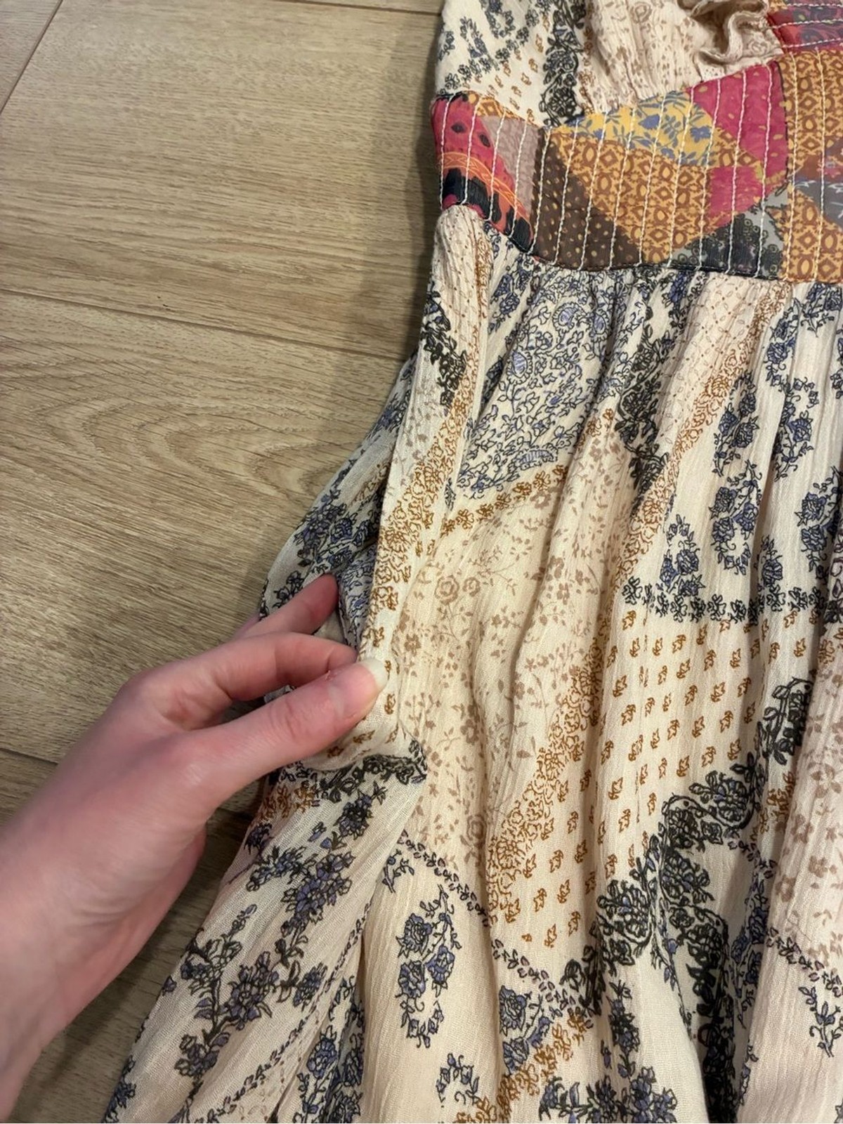 Let Me Be x Anthropologie Quilted Ruffle Patchwork Maxi Dress Size XS *FLAW