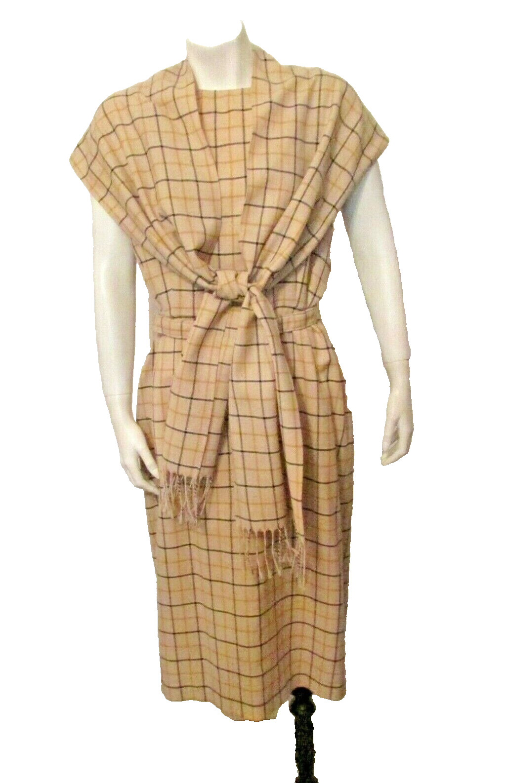 $2690 Carolina Herrera Italy Grey Plaid Attached Fringed Scarf Belted Dress 10