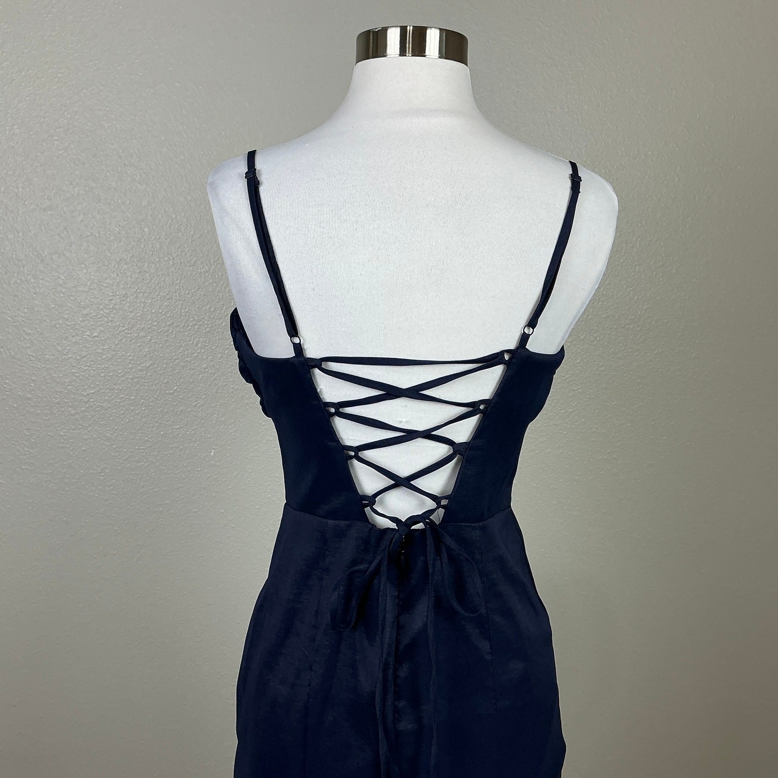 Blondie Nites Navy Blue Evening Gown Satin Lace Up Formal Mermaid Dress Size 7