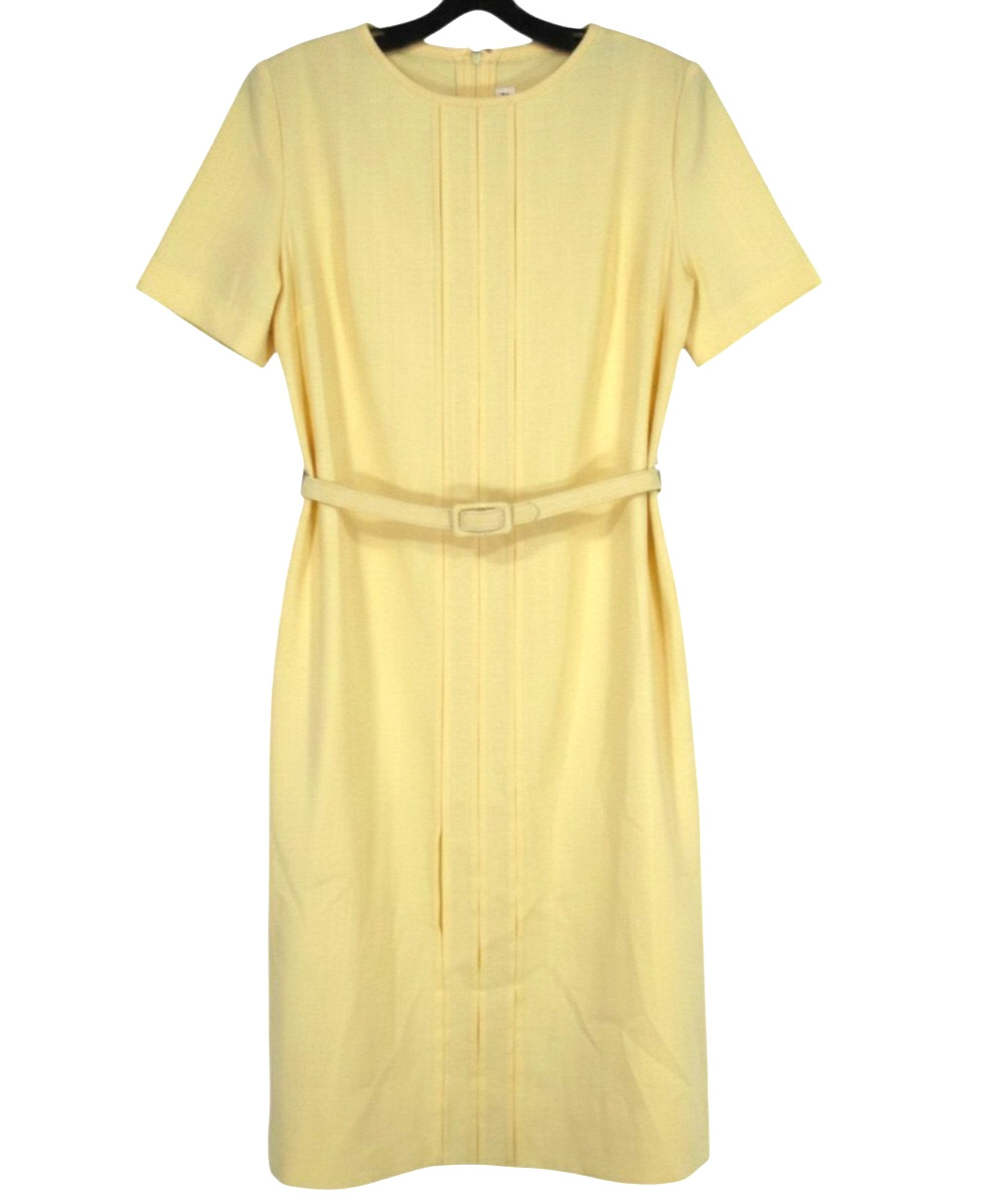 VTG DIANE ROBERTS Yellow TWILL Pleated Slits SIDE POCKETS Belted SHEATH DRESS 14