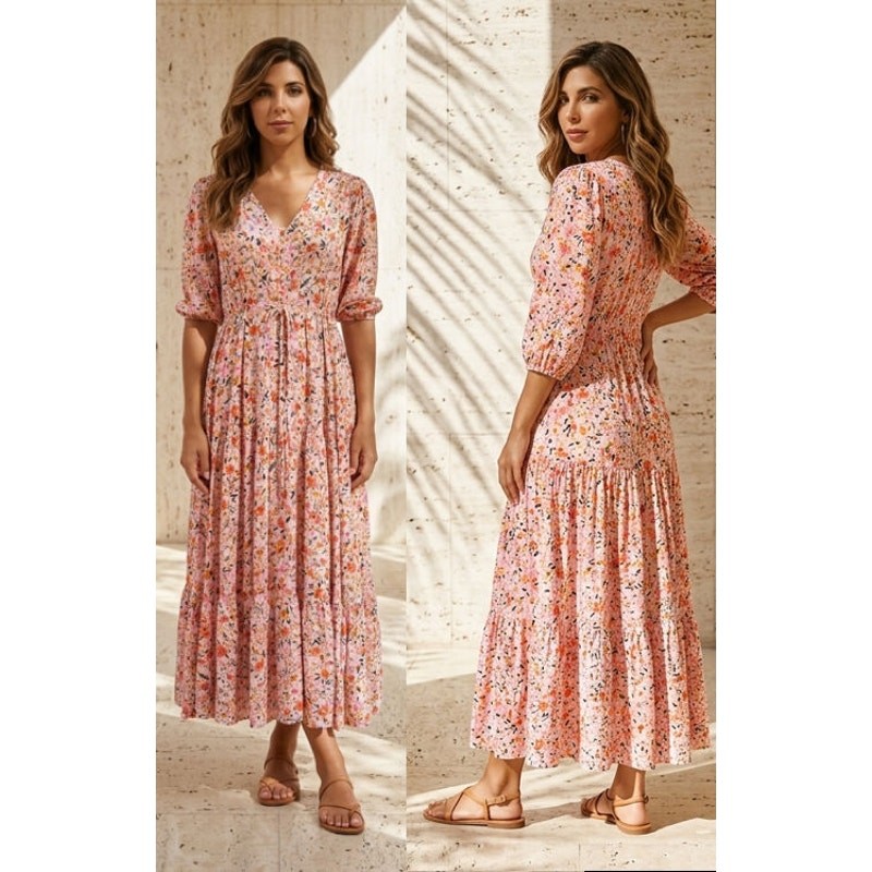Petal & Pup Floral Button Front Drawstring Waist Tiered Kelda Midi Dress Size L