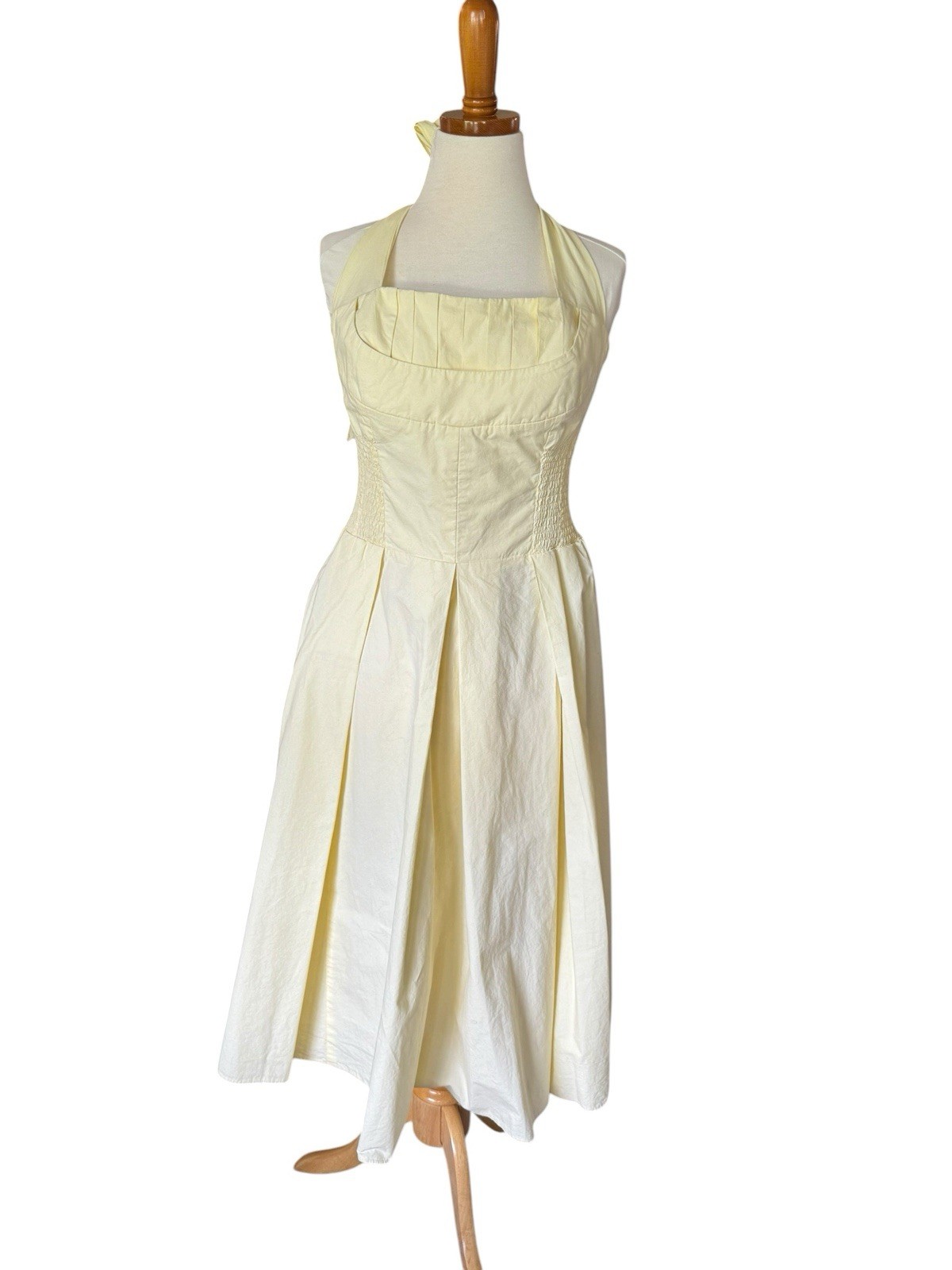 Unique Vintage Fit & Flare Halter Sun Dress XL 36-40″ Yellow Pleated Retro PinUp