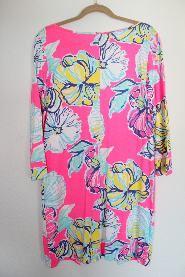 Lilly Pulitzer Marlowe Dress 100% Pima Cotton Pink Floral Boat Neck Nautical L