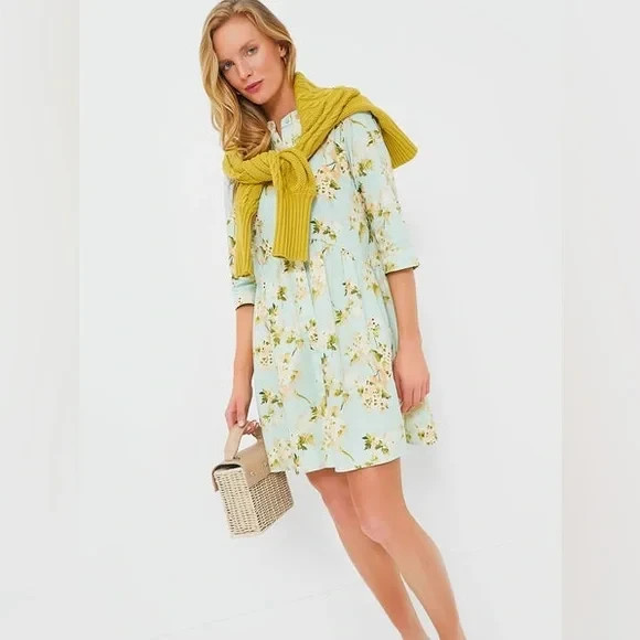 NEW Tuckernuck Aqua Watercolor Royal Shirt Dress XX Large Mini Long Sleeve XXL