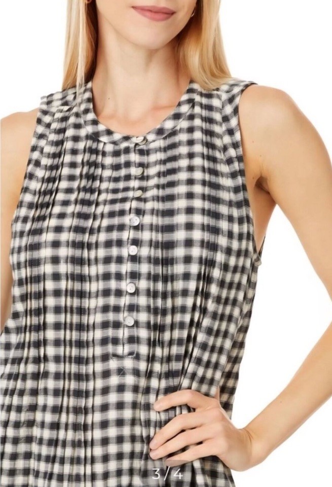 Faherty Isha Gingham Check Pleated Tank Mini Shift Dress Size Large Black/Cream