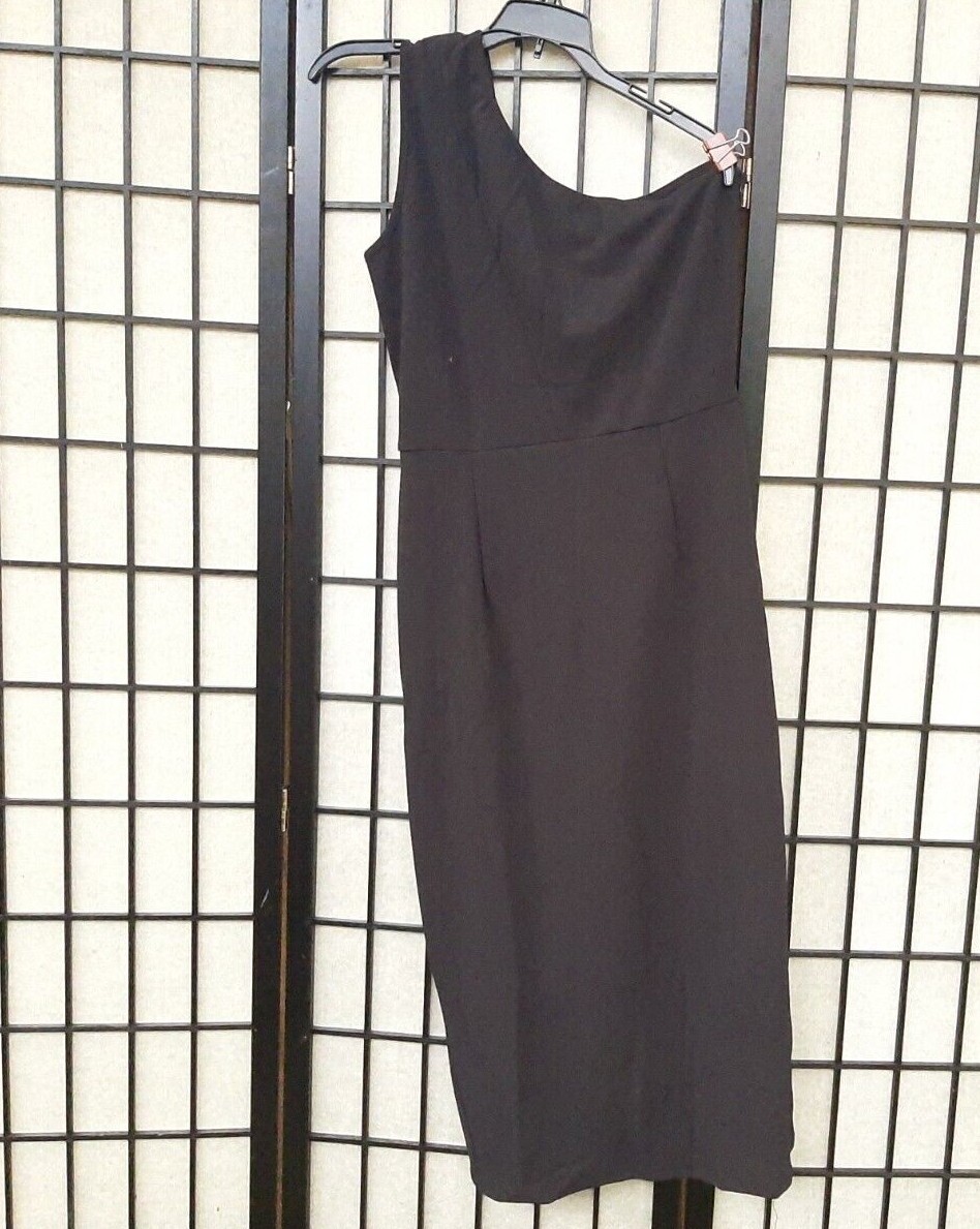 Black One Shoulder Cutout Ruched Slit Wrap Bodycon Dress Medium