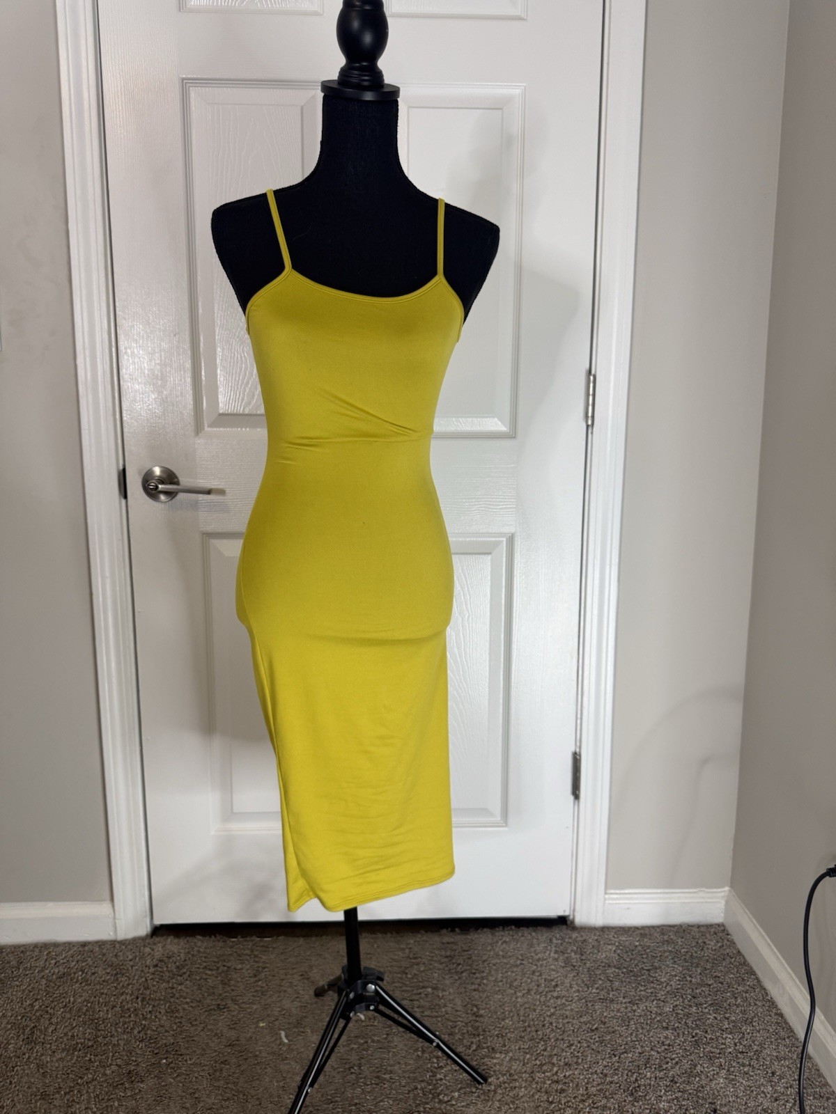 Women’s Yellow Knit Square Neck Strappy Stretch Bodycon Midi Dress Size S