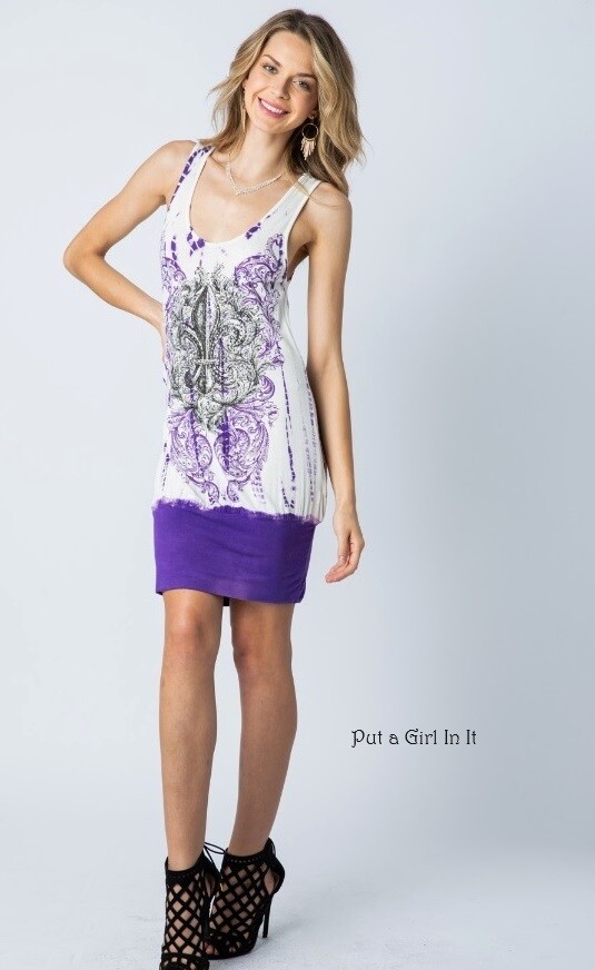 New VOCAL Womens PURPLE TIE DYE CRYSTAL FLEUR DE LIS TUNIC TANK DRESS S M L XL