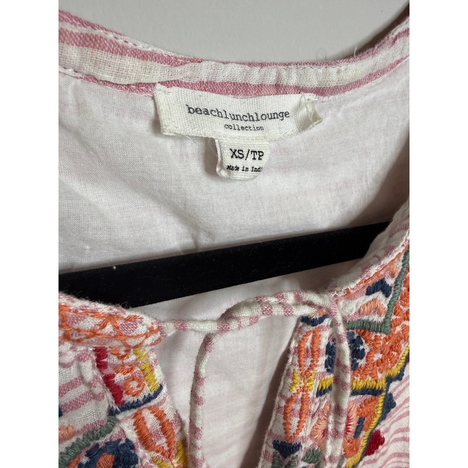BEACHLUNCHLOUNGE Striped Pink Rose Embroidered Boho Linen Blend Daphine Dress XS