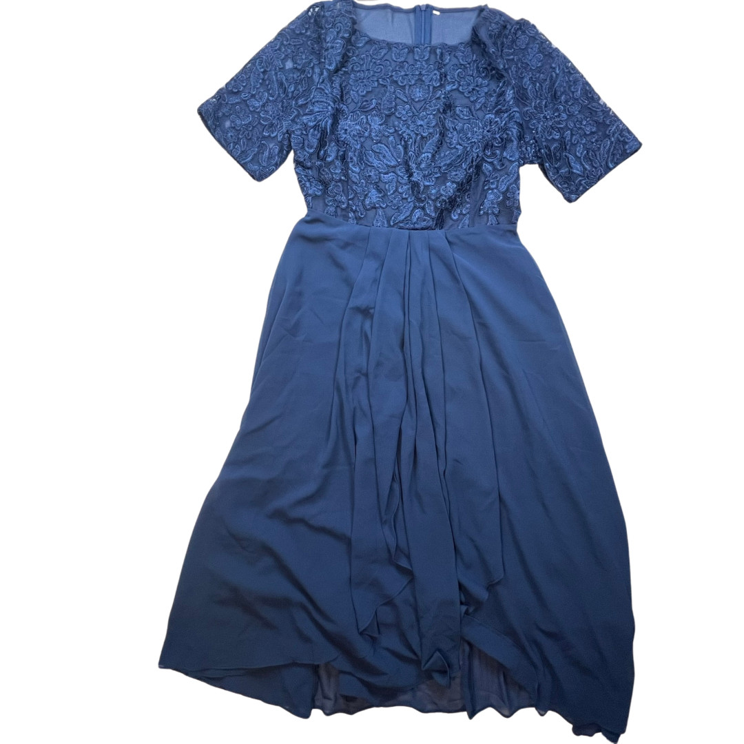 TS Conture Dress S Navy Blue Tea Length Embroidered Lace Bodice Chiffon Skirt