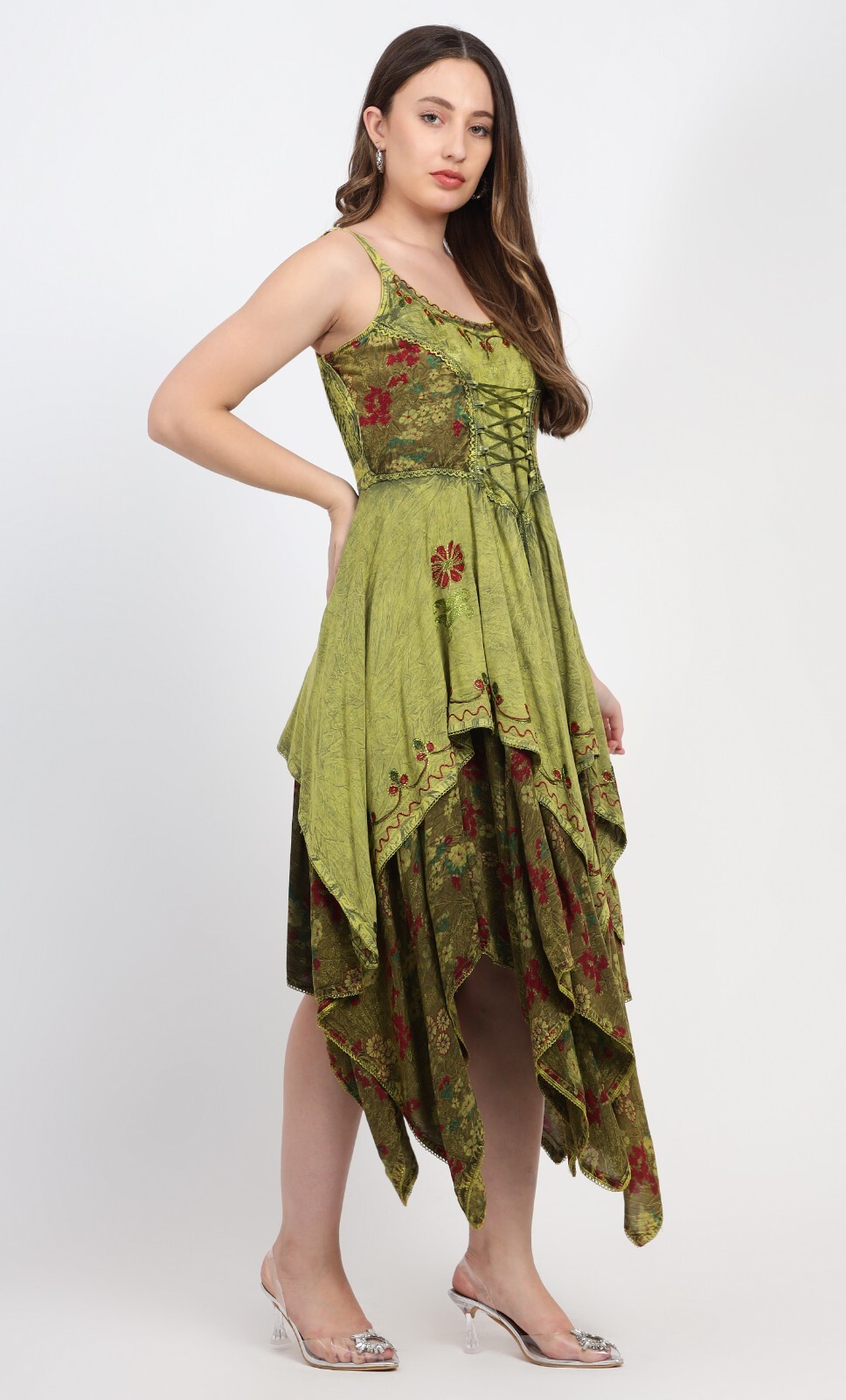 Bohemian Double Layered Lace Up Midi Dress Vintage-Inspired Asymmetrical Hemline