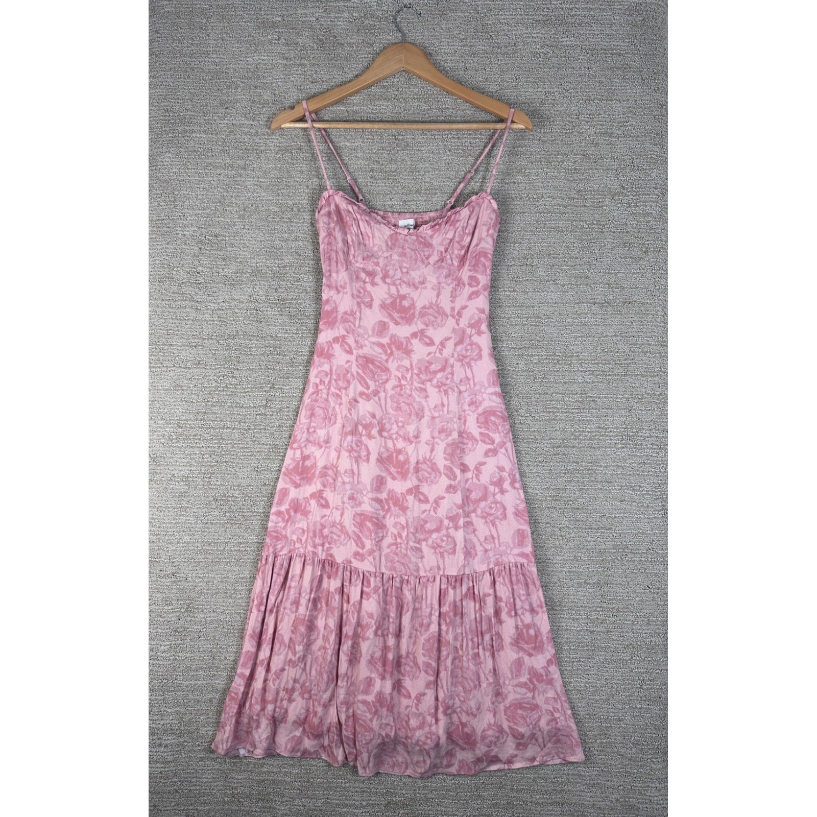 Wilfred Aritzia Pink Rose Floral Midi Dress Sweetheart Neck Tiered Hem Size 0