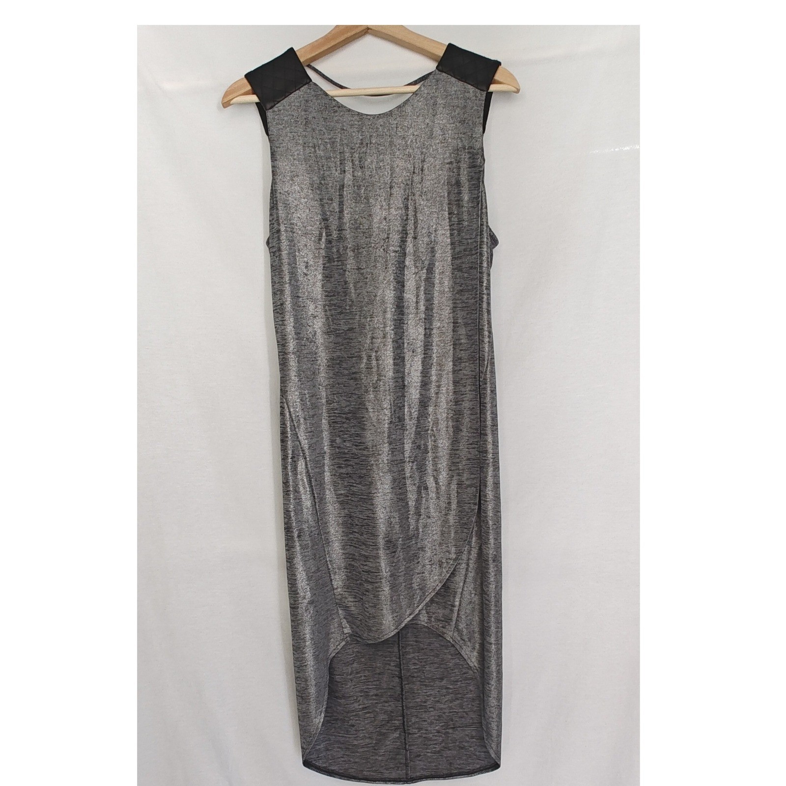 BCBGeneration Dress Grey Metallic Quilted Faux Leather Detail Shift High Low M