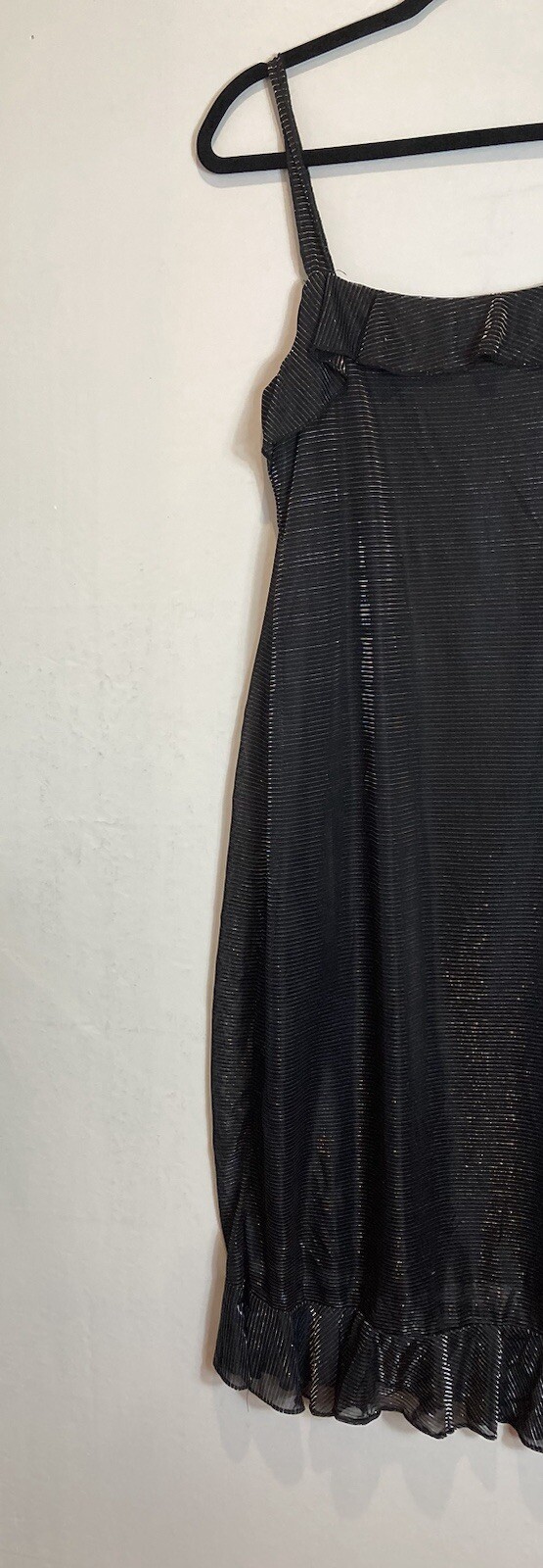 Vintage Fashion Bug Black Metallic Striped Slip Dress Size 12 Ruffle Hem 90s