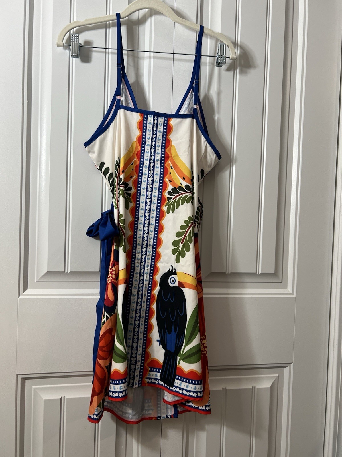 Colorful Tropical Bird Floral Print Wrap Sundress M V-Neck Tie Strap Sleeveless