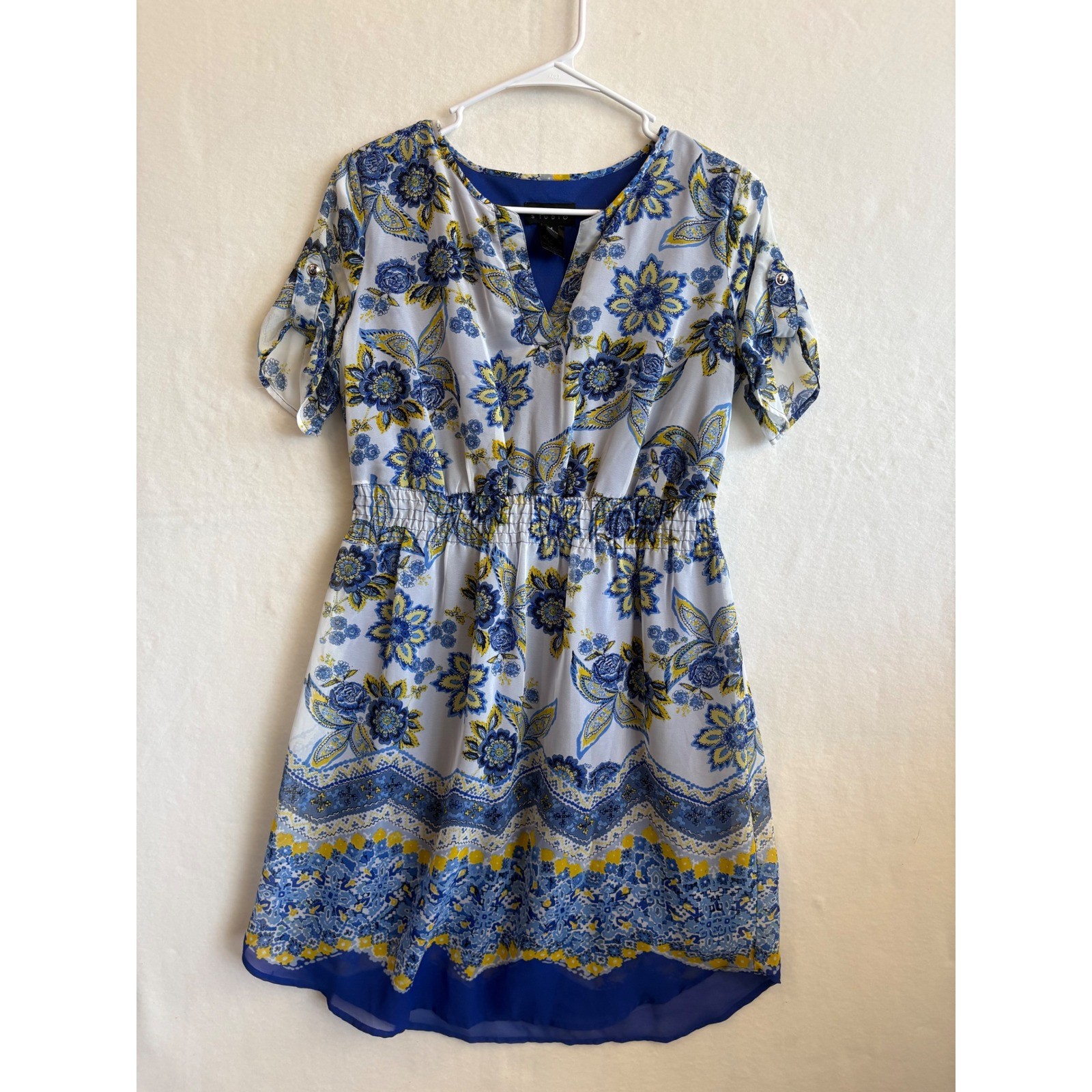 Enfocus Studio Blue Yellow Floral Smocked Waist Roll Tab Sleeve Dress Size 4