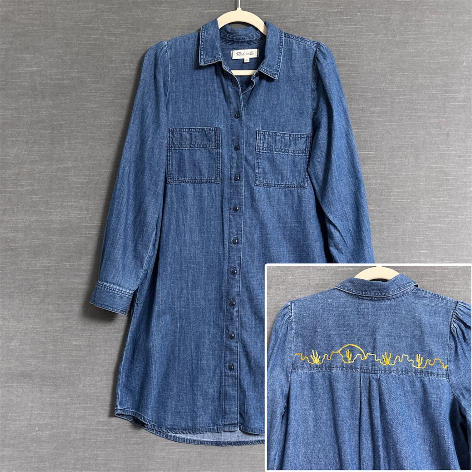 Madewell Shirt Dress XS Blue Chambray Embroidered Western Long Sleeve Cowgirl