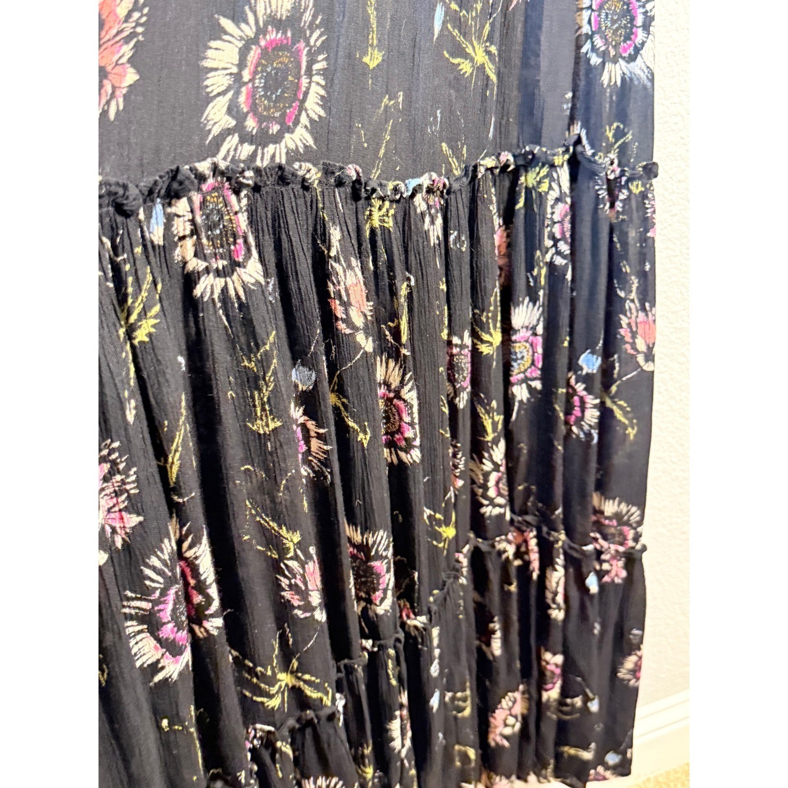 Free People Intimately Maxi Dress Floral Smocked Tie Strap Boho Womens LG Black
