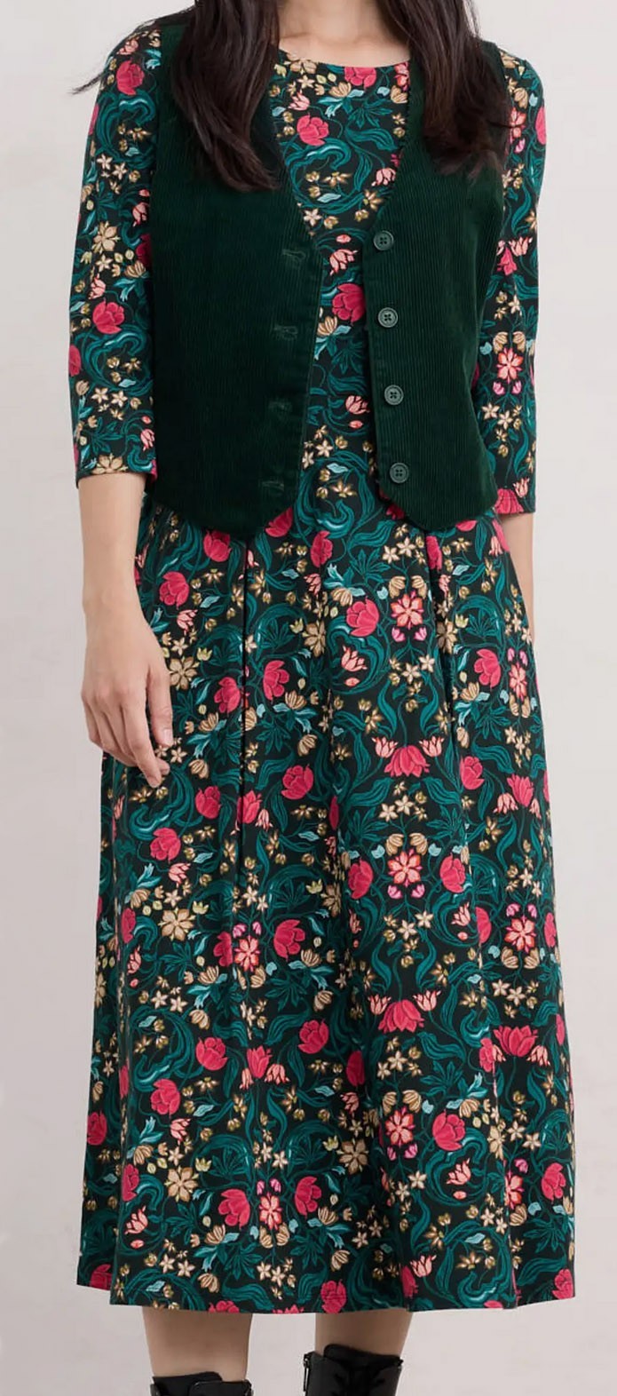 Seasalt Cornwall Teal, Turquoise & Pink Floral 3/4 Sleeve Cotton Midi Dress 18